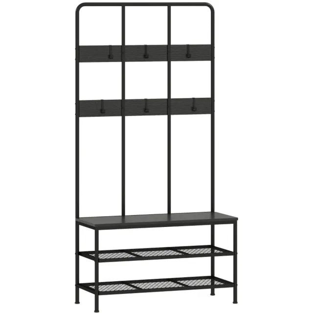 Clruro Kledingkast - 105x35x175 cm - 3-in-1 Garderobestandaard Met Haken, Zitbank & Schoenrek - Multifunctioneel - Spanplaat/Metaal - Zwart