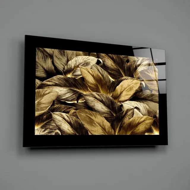 Insigne Art Glasschilderij – Gouden Bladeren – Artistieke Wanddecoratie Meerkleurig
