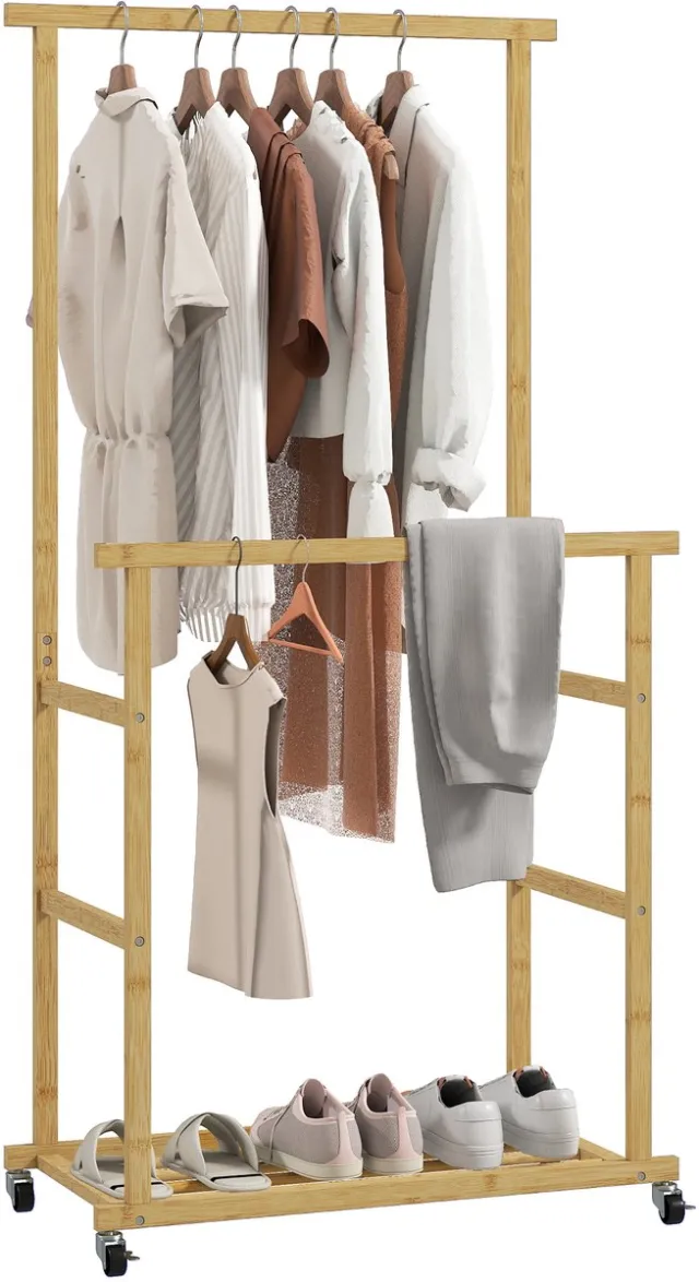 sogiol Bamboe kledingrek met 2 stangen - onderste plank en 4 wielen - 80x40x160 cm - naturel hout