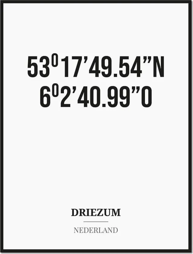 Studio216 Poster/kaart DRIEZUM met coördinaten zwart, wit
