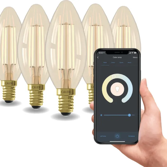 Calex Slimme Lamp - Set van 5 stuks - Wifi LED Filament Verlichting - E14 - Smart Kaars Lichtbron Goud - Dimbaar - Warm Wit licht - 4,9W