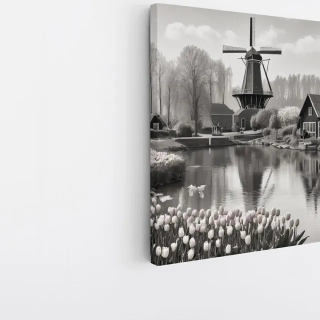 Saammp Canvas Schilderij - Landschap - Molen - Zwart-Wit - Natuur - 20x20 - Foto op canvas - Wanddecoratie - Muurdecoratie Woonkamer - Slaapkamer decoratie - Canvas Print Multicolor