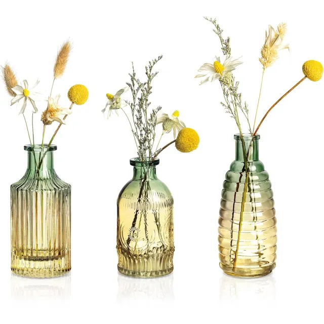 Famanu Kleine vintage glazen vaas set van 3 kleurrijke knopvaas voor soliflora bloem decoratieve vaas voor kantoor thuis eettafel bruiloft decoratie groente