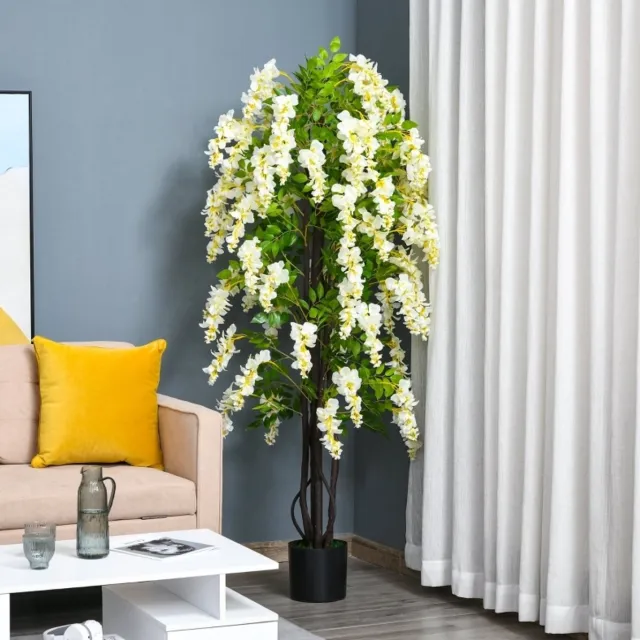 MEUNIQ kunstplant witte glyzinie 165 cm in pot, kunststof sierplant voor binnen & buiten, decoratieve hangende bloementakken voor woonkamer, hal of terras