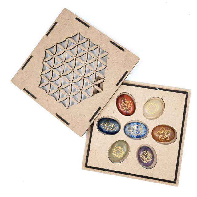 Spiru Chakra Edelstenen Zakstenen Set in Flower of Life Opbergdoos Chakra kleuren
