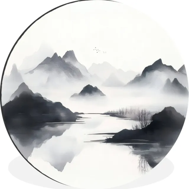 WallCircle Wandcirkel - Muurcirkel - Bergen - Mistig - Water - Wit - Aluminium - Dibond - 90x90 cm - Binnen en Buiten