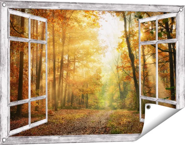 Gards Tuinposter Doorkijk Herfstbos met Zonneschijn - 90x60 cm - Tuindoek - Tuindecoratie - Wanddecoratie buiten - Tuinschilderij Grijs