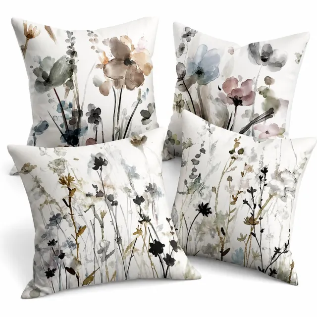 BOTC Sierkussenhoezen 45x45 cm - Set van 4 - Zachte Kussenhoezen met Bloemenprint - Polyester met Verborgen Rits - Wit
