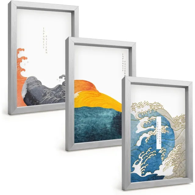 TULUP 4-Delige Schilderij Set - Golven in Japanse grafische stijl - 20 x 30 cm - Moderne Wanddecoratie - Slaapkamer - Stijlvolle Muurdecoratie Zilveren lijst