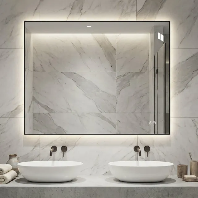 MEUNIQ LED badkamerspiegel 90 x 70 cm met aluminium lijst, achtergrondverlichting, anticondens, 3 lichtkleuren, traploos dimbaar en geheugenfunctie Zilver