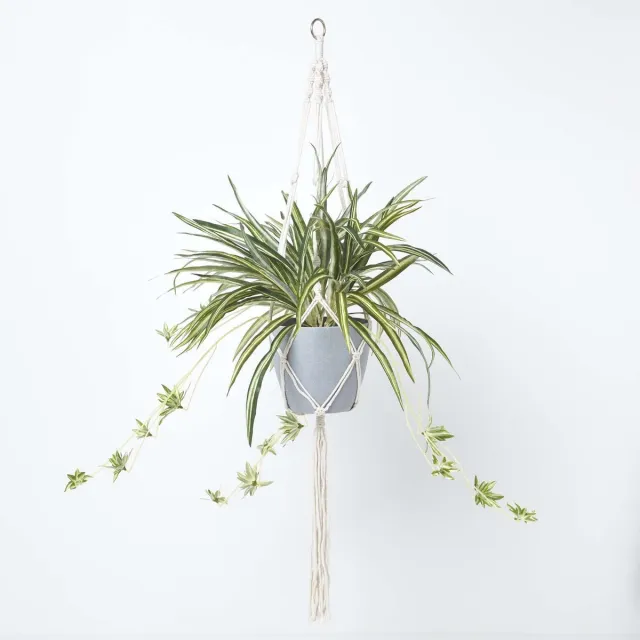 Homescapes Kunstspinplant met macramé hangmand, 95 cm hoog Groen-Wit