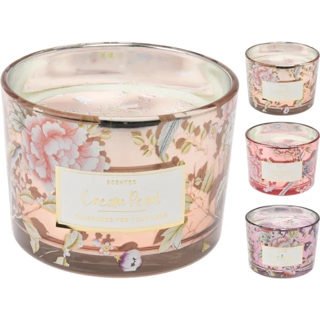 Home & Styling Geurkaars - in glas met bloemen - 8 cm - geurkaarsen - kerst - kerstverlichting - per 2 stuks zilver/creme/roze