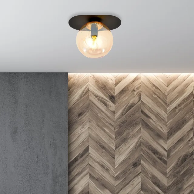 Emibig Randers mooie ovale plafondlamp zwart met amber glazen bol E14 - Perfect voor een stijlvolle ambiance Zwartachtig