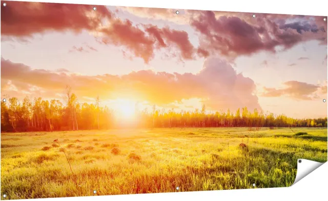 Gards Tuinposter Zonsopkomst in het Veld - 200x100 cm - Tuindoek - Tuindecoratie - Wanddecoratie buiten - Tuinschilderij Multikleur