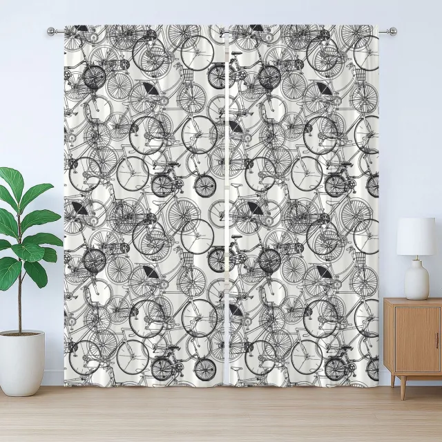 ABAKUHAUS Schetsmatig rustiek gordijn, vintage retro fiets, slaapkamergordijn met plooien, lussen en haken, 280 x 260 cm, zwart-wit