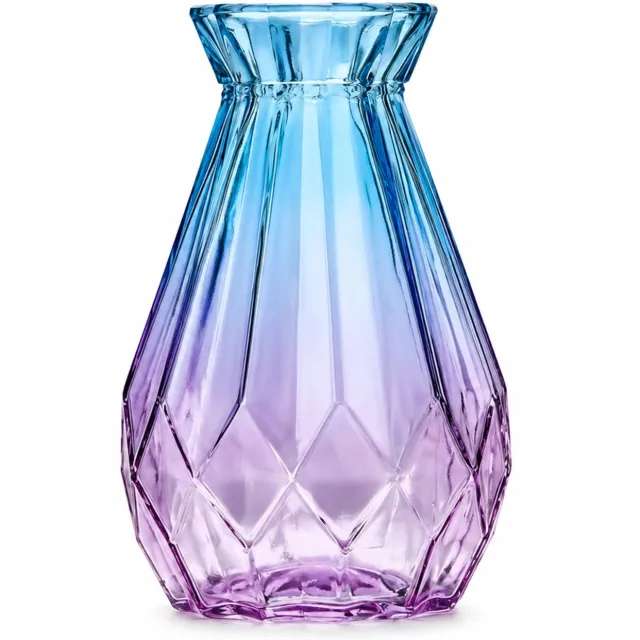 SWGOTA Glazen vaas 14 cm met blauw-paars kleurverloop en origamireliëf - voor droogbloemen en woondecoratie