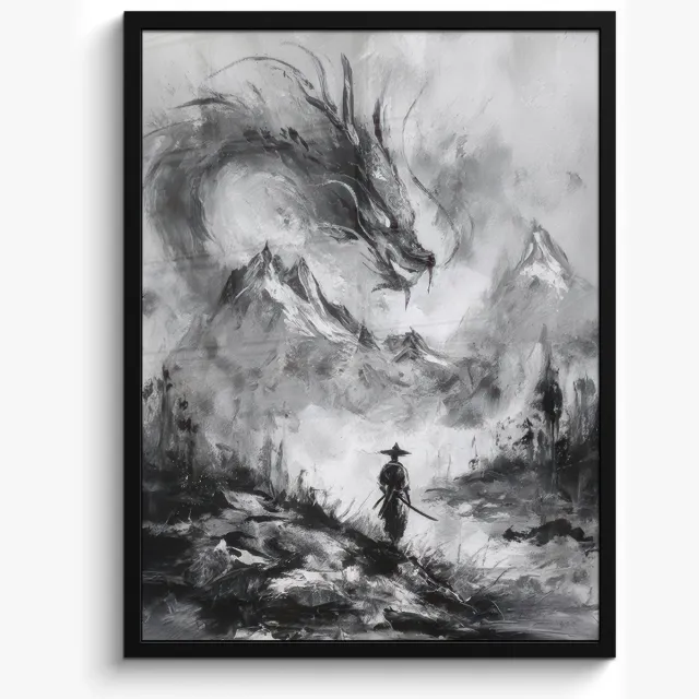 FrameYourWall Poster in lijst - Fotolijst 50x70 cm - Posters - Krijger - Draak - Grijs - Posterlijst zwart - Decoratie - Wanddecoratie woonkamer - Muurdecoratie slaapkamer