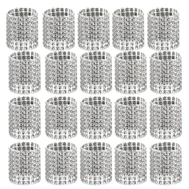 NUVEX Zilverkleurige servetringen set van 20 stuks – brede servet ringen met raster patroon en glanzende steentjes – decoratieve servethouders voor eettafel bruiloft diner feest banket kerst en tafeldecoratie