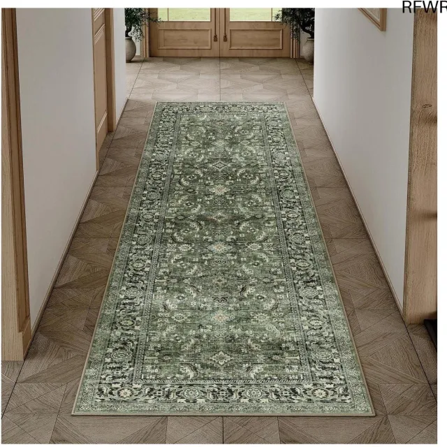 RFWR Vintage Groen Wasbare Loper - Antislip Tapijt voor Woonkamer, Slaapkamer en Keuken - 60 x 180 cm Retro groen