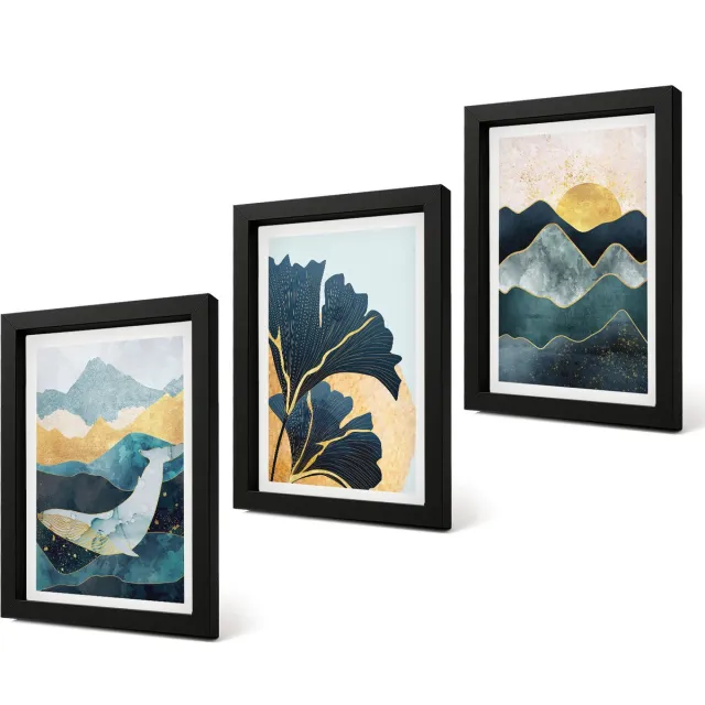 Coloray 4-Delige Schilderij Set - Abstracte esthetische vergezichten met bergen en planten - 20 x 30 cm - Muurdecoratie - Interieur Decoratie - Stijlvolle Muurdecoratie Zwarte lijst