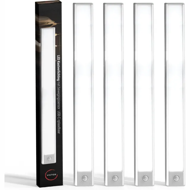 Victox LED Kastverlichting met bewegingssensor - 4x 40 cm - USB-C Oplaadbaar - 3 Kleurtemperaturen - Magnetisch - Draadloos - Zilver (4-Pack) Wit 40cm 4pack