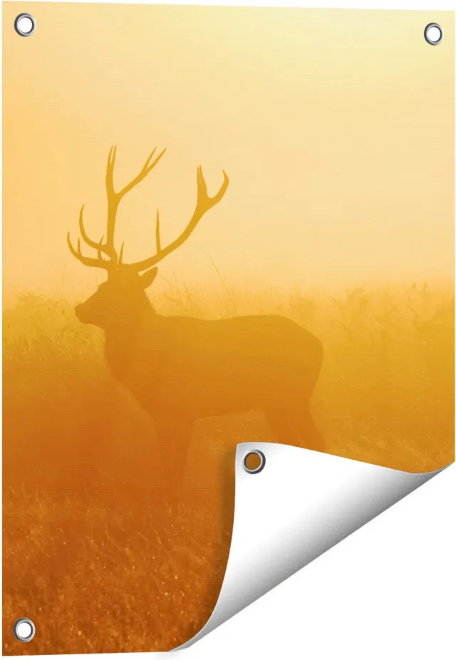 Gards Tuinposter Hert tijdens de Mist - 40x50 cm - Tuindoek - Tuindecoratie - Wanddecoratie buiten - Tuinschilderij Multikleur