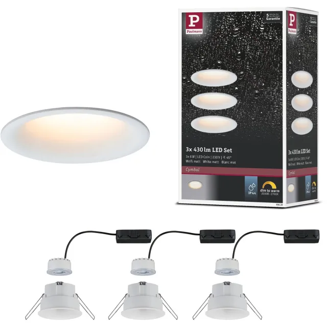 Paulmann LED-inbouwlamp Cymbal Coin Set van 3 IP44 rond 77 mm Coin 3x6W 3x440lm 230V dimbaar Dim to warm Wit mat