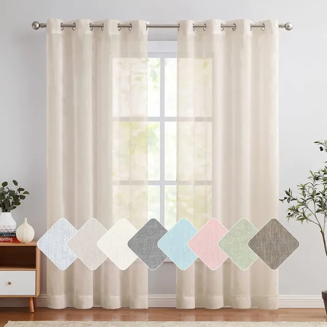 Hoomall Doorschijnend gordijn met oogjes, transparant gordijn, set van 2, lichtbeige, 225 cm