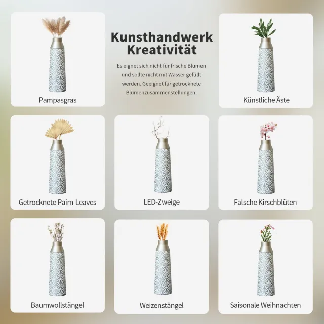 MIVRAY Vloervazen - Set Van 3 Met Waaierreliëf - 43,5 51 61 cm - Metaal - Wit Zilver - Voor Droogbloemen in Woonkamer Hal Entree