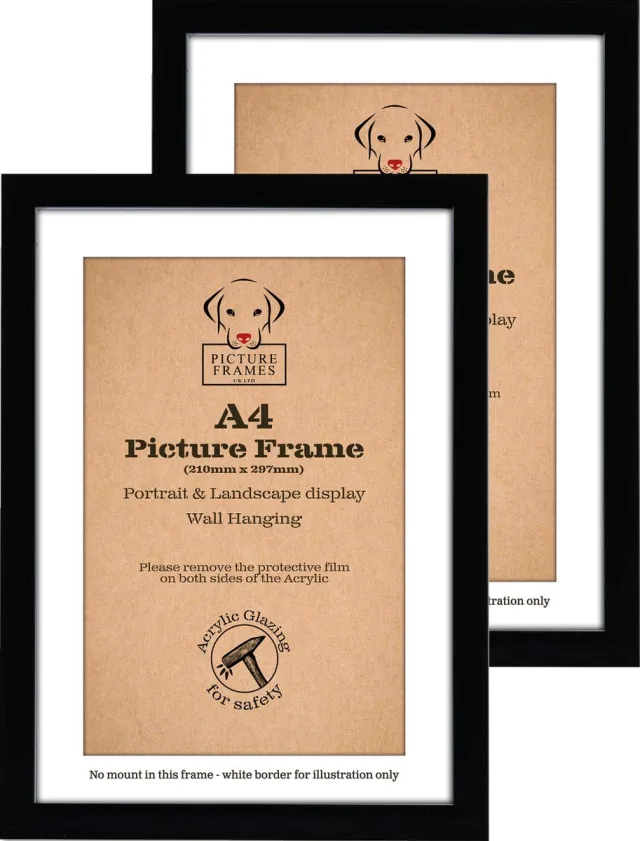 Picture Frame UK Set van 2 Fotolijsten Fotomaat A4 (21x29,7 cm) - MDF Hout- Zwart - Fotokader - Profielbreedte 20mm - Posterlijst