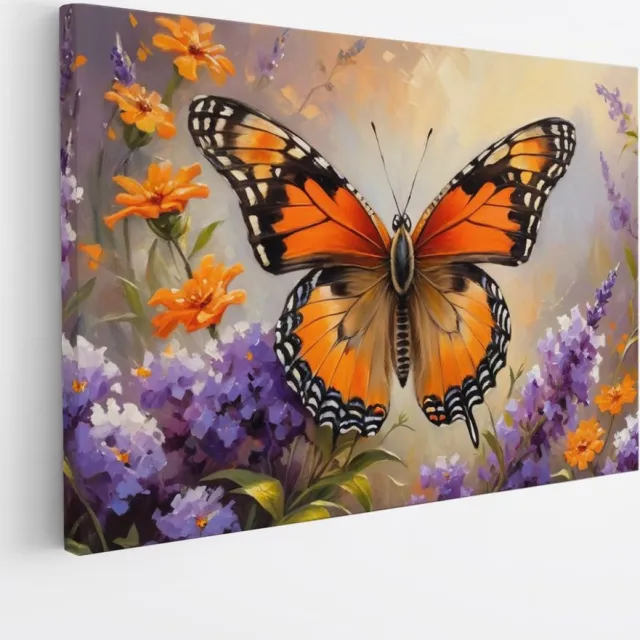 Saammp Canvas Schilderij -Vlinder bij paarse bloemen - Dieren - Abstract - 45x30 - Foto op canvas - Wanddecoratie - muurdecoratie Woonkamer - Slaapkamer decoratie - Canvas Print Multicolor