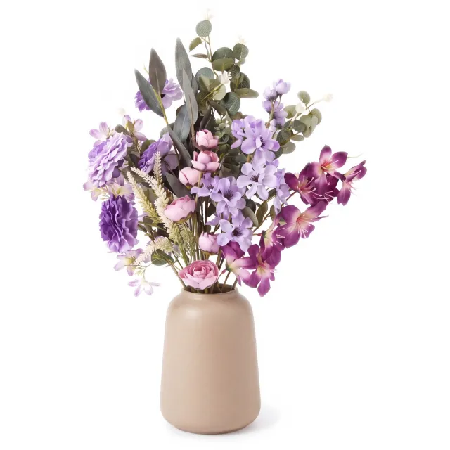 Salvik Kunstboeket Paars Lila - Kunstbloemen - Boeket - Nepbloemen - Boeket met Eucalyptus - Decoratie Bloemen