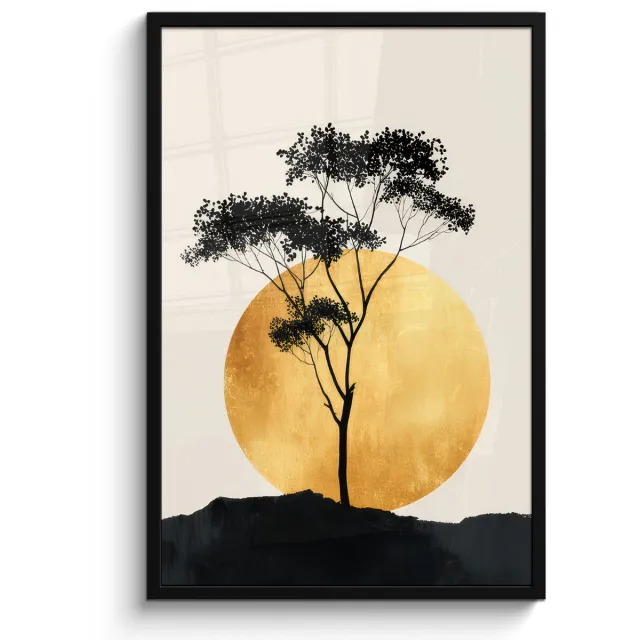 FrameYourWall Poster in lijst - Fotolijst 60x90 cm - Posters - Zwarte boom - Gouden cirkel - Heuvel - Posterlijst zwart - Decoratie - Wanddecoratie woonkamer - Muurdecoratie slaapkamer Boom - Cirkel - Heuvel