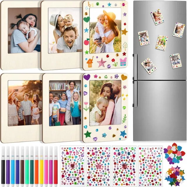 SNQ 12 Stuks Mini Houten Magnetische Fotolijstjes - Gebogen Design - Voor Polaroid en 3 Inch Foto's - Inclusief 12 Kleurpotloden en 3 Diamantstickers - DIY Foto Knutselset