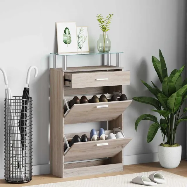 vidaXL Schoenenkast met lade en glazen bovenschap eiken-look Bruin