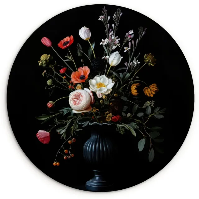 WallCircle Wandcirkel 60x60 cm - Muurcirkel Bloemstuk - Vaas - Zwart - Muurdecoratie woonkamer - Wanddecoratie slaapkamer - Kamer decoratie accessoires - Ronde schilderijen Boeket - Bloemen 3