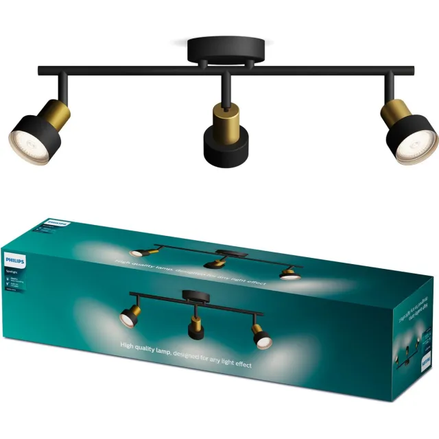 Philips Conduit Spot - Plafondspot met drie lichtpunten - Zwart met goud design - GU10 LED fitting Zwart/messing