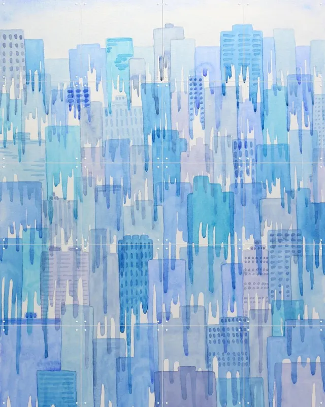 IXXI Dripping Houses, Natalie Bruns - 80 x 100 cm - Grote wanddecoratie en posters - Abstract, Aquarel, Slaapkamer, Woonkamer, Skyline, Gebouwen, Stad Blauw / Koele tinten