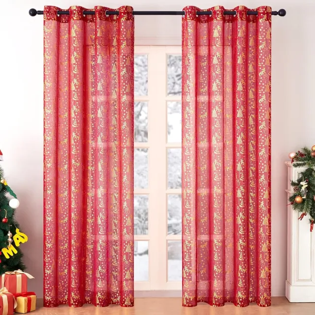 PolkaHome Modern slaapkamergordijn, rood, kort, kerstgordijnen voor ramen, 140 x 280 cm, semi-verduisteringsgordijn met ringen, 2 stuks, goudkleurig rendiermotief Kerst-rood