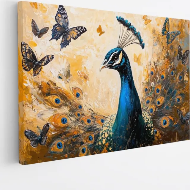 Saammp Canvas Schilderij - Pauw met Vlinders - Bloemen - Dieren - Natuur - 120x80 - Foto op canvas - Wanddecoratie - muurdecoratie Woonkamer - Slaapkamer decoratie - Canvas Print Multicolor