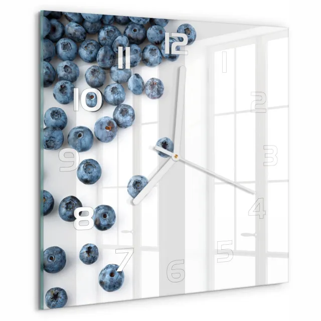 TULUP Wandklok - Bosbessen Moderne Wandklok Glas - 30x30 cm - Blauw Wandklok Glas Decoratie - Witte handen - Vierkante Klok - Glazen Wandklok Design - Klok Glas Met Opdruk