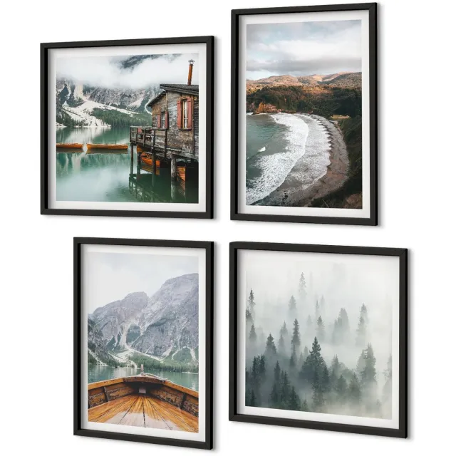 Coloray 4-Delige Schilderij Set - Uitzicht Op De Bergen Over Het Meer Met Een Boot, Strand En Mist In Het Bos. - 40 x 40 cm En 40 x 60 cm - Muurdecoratie - Wanddecoratie - Slaapkamer Zwarte lijst