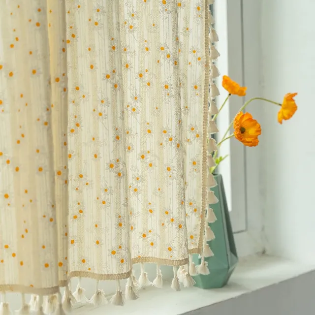 PZCC Gordijn - Kleine raamgordijnen - Boho Gordijn - Keukengordijn - Daisy Bloemengordijn - Katoenen Raamgordijn - Keuken Woonkamer Slaapkamer - 140 x 100 cm - Katoen - Beige