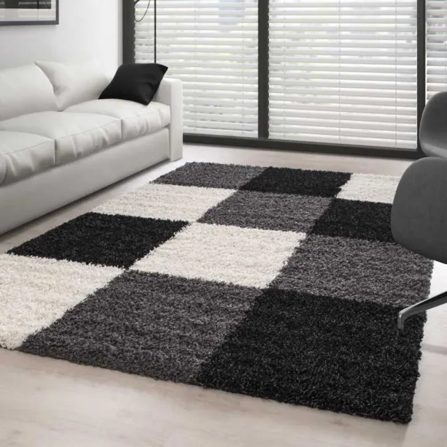 TapisTrend Harig tapijt Zwart-Wit-Grijs 200x290 cm Hoogpolig vloerkleed met ruitpatroon