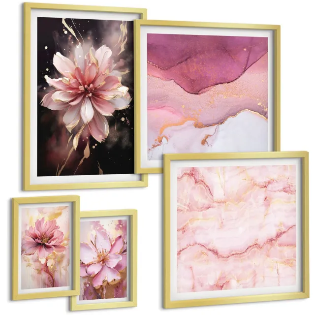 Coloray 5-Delige Schilderij Set - Bloemencomposities In Delicate Roze Tinten - 50 x 50 cm, 20 x 30 cm En 40 x 60 cm - Muurdecoratie - Wanddecoratie - Slaapkamer - Moderne Wanddecoratie Gouden lijst