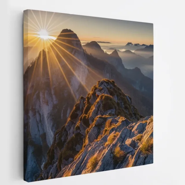 Saammp Canvas Schilderij -Bergtoppen met zonsopgang - Landschap - Natuur - 20x20 - Foto op canvas - Wanddecoratie - Muurdecoratie Woonkamer - Slaapkamer decoratie - Canvas Print Multicolor