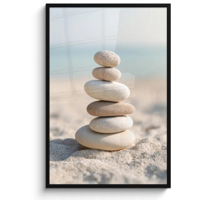 FrameYourWall Poster in lijst - Fotolijst 80x120 cm - Posters - Stenen - Stapel - Zand - Zee - Posterlijst zwart - Decoratie - Wanddecoratie woonkamer - Muurdecoratie slaapkamer