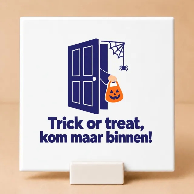 Bedruk King Strakke Halloween Tegel ‘Trick or Treat, kom maar binnen!’ – Scandinavisch minimalistisch deurdecor voor liefhebbers van stijlvolle herfstsf - 15 x 15 cm met houder Wit