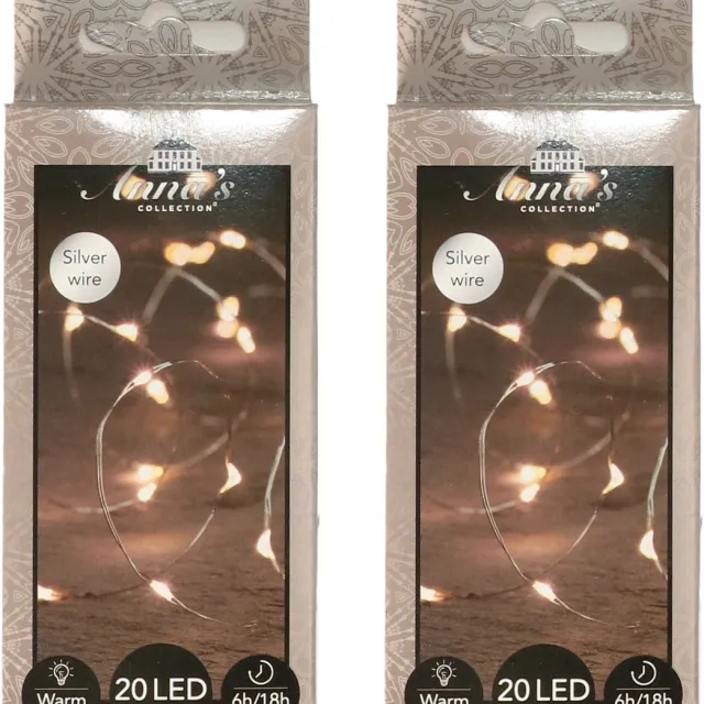 Anna's Collection Draadverlichting lichtsnoer - 2x - 20 led lampjes - warm wit - zilver draad - 100 cm - lichtdraad - kerstverlichting