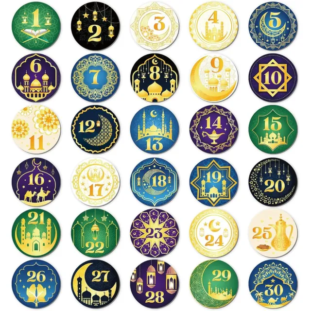 Famanu Ramadan advent stickers set - 120 stuks - nummers 1-30 - ronde kraft stickers - countdown - adventskalender - herbruikbaar - voor volwassenen